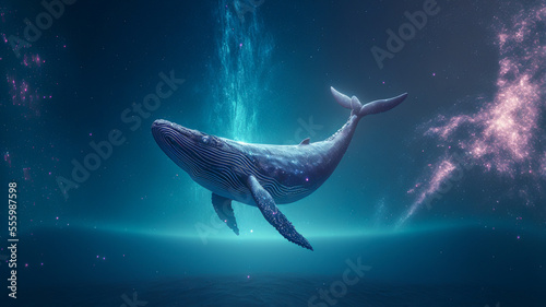 Large humpback whale gracefully swimming in ocean galaxy with stars in the background. Created with generative AI.