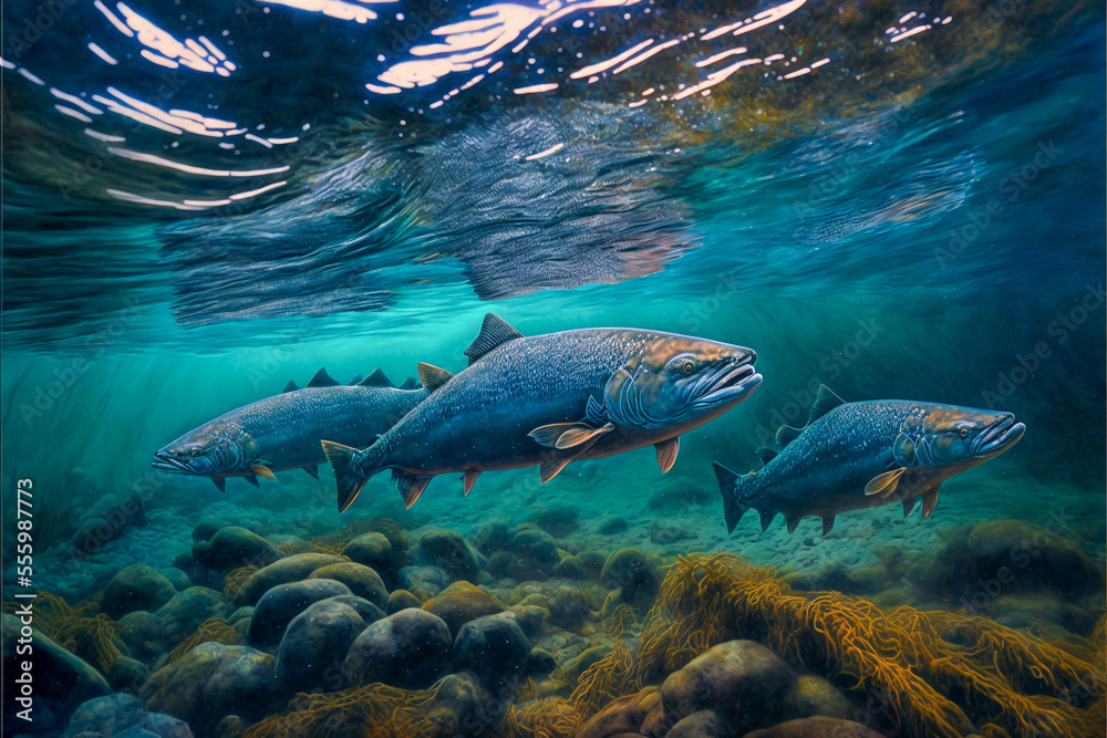 Fototapeta premium Salmon fish swimming in clear river water. Created with generative AI.