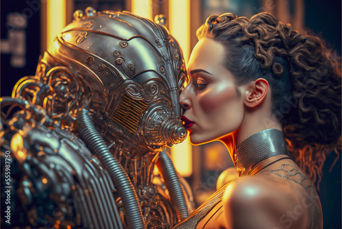 Pretty woman kissing a robot. Created with generative AI. 