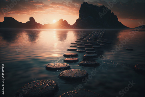 Stepping stones on calm lake water leading into a beautiful sunset over scenic mountains. Created with generative AI. 