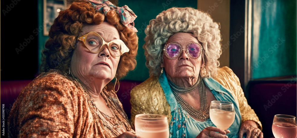 Two old ladies dressed up fancy and having a glass of wine together in a bar. Best friends out having a good time. Created with generative AI. 