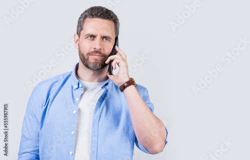 communication call of man, advertisement. photo of man having communication call.