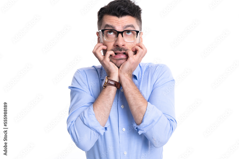 scared man in panic frightened in studio. scared man in panic feel fear. photo of scared man scared man in panic frightened in studio. scared man in panic feel fear. photo of scared man