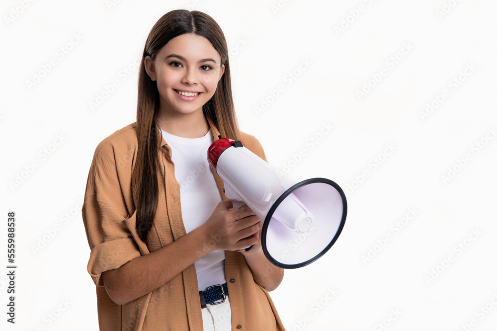 happy teen girl announcer with loudspeaker isolated on white. teen girl announcer hold loudspeaker happy teen girl announcer with loudspeaker isolated on white. teen girl announcer hold loudspeaker