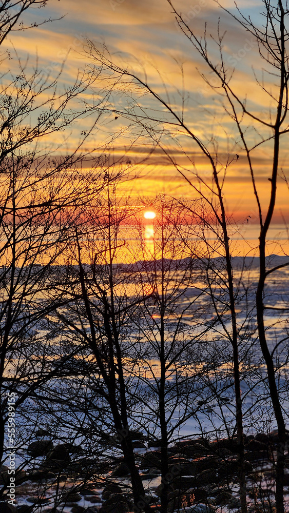 Winter landscape. Panoramic view of beautiful sunset on bay. List clouds over water in bright light. Ice, snow and rocks on coastline. Setting sun is reflected in sea. 