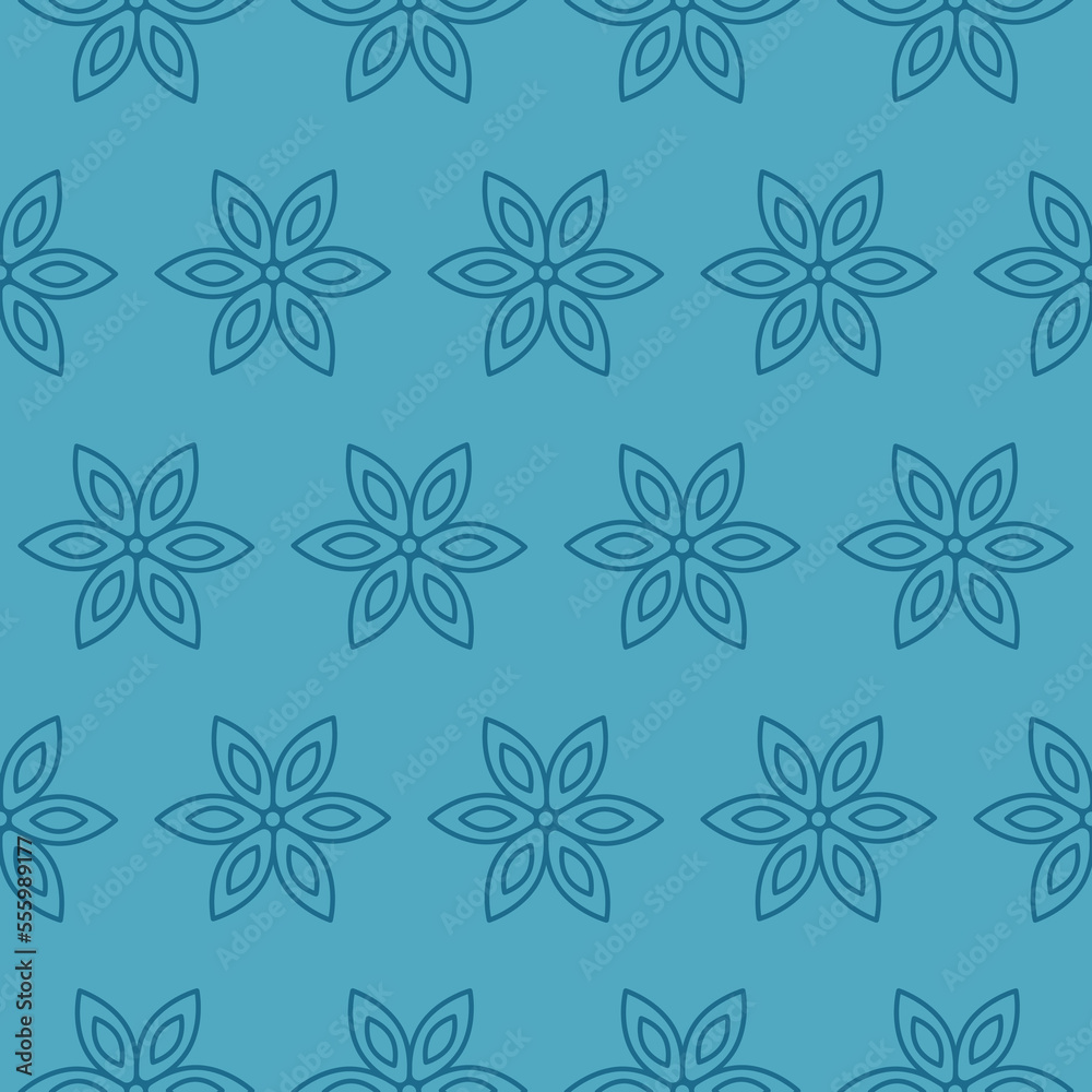 Seamless pattern of contour snowflakes. Simple geometric winter pattern on cyan background. Symmetry. Vector illustration
