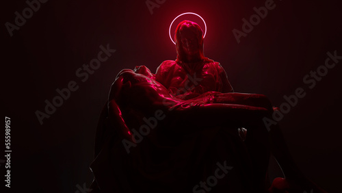 Mourning for Christ, Michelangelo's Vatican Pieta sculpture with a neon halo, postmodernism, modern style of classical art. 3d visualization photo
