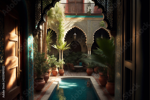 Generative AI illustration of beautiful patio with swimming pool in riad