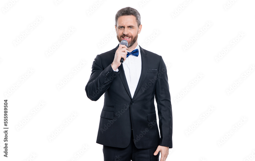 man speaker isolated on white background. speaker man with microphone. man speaker wear tuxedo man speaker isolated on white background. speaker man with microphone. man speaker wear tuxedo