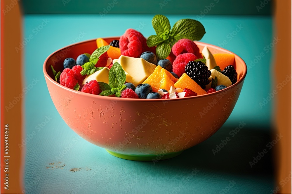 a bowl of fruit is sitting on a table with a blue background and a green edge around it.