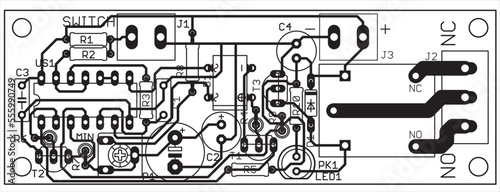 Tracing the conductors of a multilayer printed circuit board. Vector drawing a1 of printed tracks, transition holes, contact pads and copper metallization areas.
Silkscreen printing, assembly drawing.