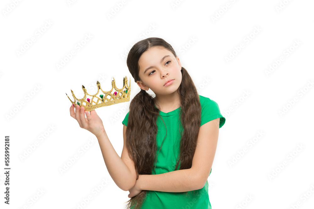 Kid wear golden crown symbol of princess. Girl dreaming become princess. Lady cute little princess. Royal concept. Child development and upbringing. Privilege elite school. Price of the throne Kid wear golden crown symbol of princess. Girl dreaming become princess. Lady cute little princess. Royal concept. Child development and upbringing. Privilege elite school. Price of the throne