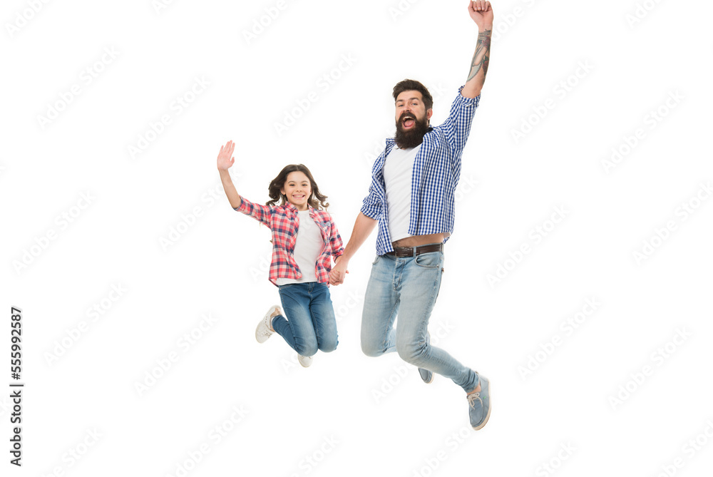 Showing a child love and care. Bearded man and small girl child smiling and holding hands. Happy father and little child daughter jumping with joy. Happy child and childhood Showing a child love and care. Bearded man and small girl child smiling and holding hands. Happy father and little child daughter jumping with joy. Happy child and childhood