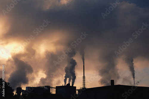 Smokestacks Billowing Smoke at Paper Mill, Rumford Falls, Maine, USA