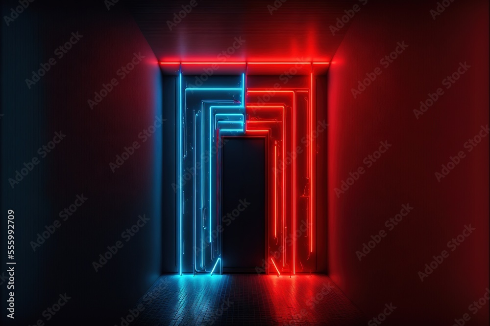 a room with a door and a neon light coming out of it's center wall and a doorway. a room with a door and a neon light coming out of it's center wall and a doorway.