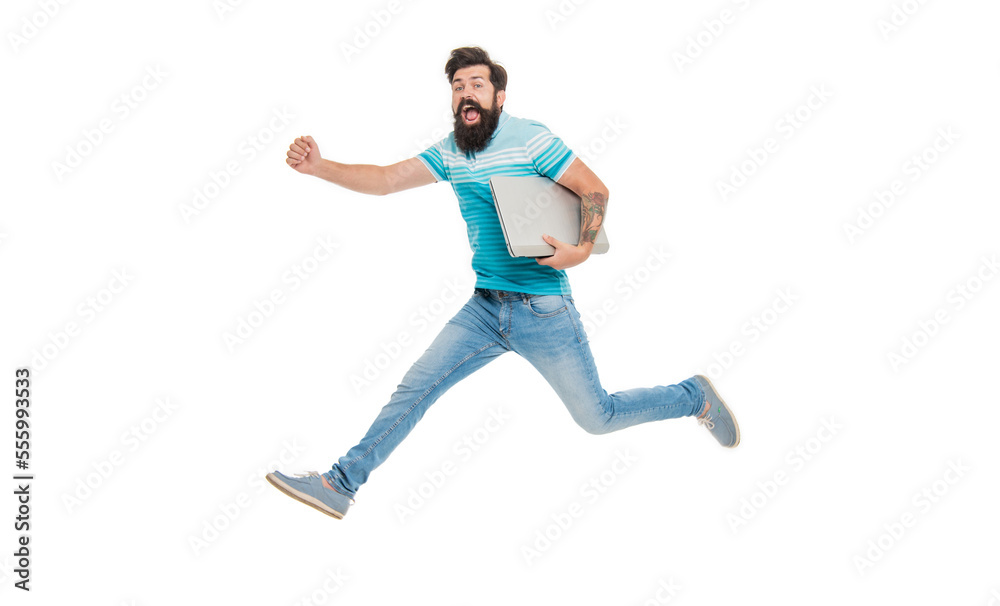 Energetic blogger midair isolated on white. Happy blogger jumping with laptop. Bearded man blogger Energetic blogger midair isolated on white. Happy blogger jumping with laptop. Bearded man blogger