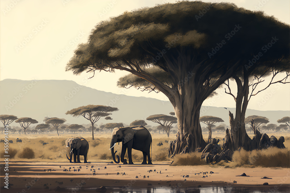 African savanna landscape with elephant - obrazy, fototapety, plakaty 