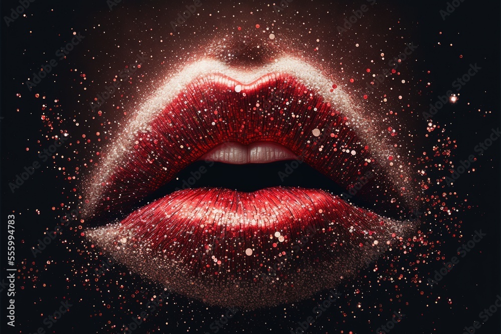Fototapeta premium Seductive female full lips. Fashionable and luxury lip professional make up. Dark side of human behavior. Young girl's lips. Glitter and gold