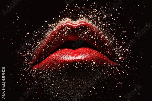 Seductive female full lips. Fashionable and luxury lip professional make up. Dark side of human behavior. Young girl's lips. Glitter and gold