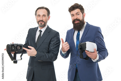Men vr glasses modern technology. Virtual business. Online business concept. Men bearded formal suits. Digital and cyber technologies. Experimental experience. Business innovation. Vr presentation