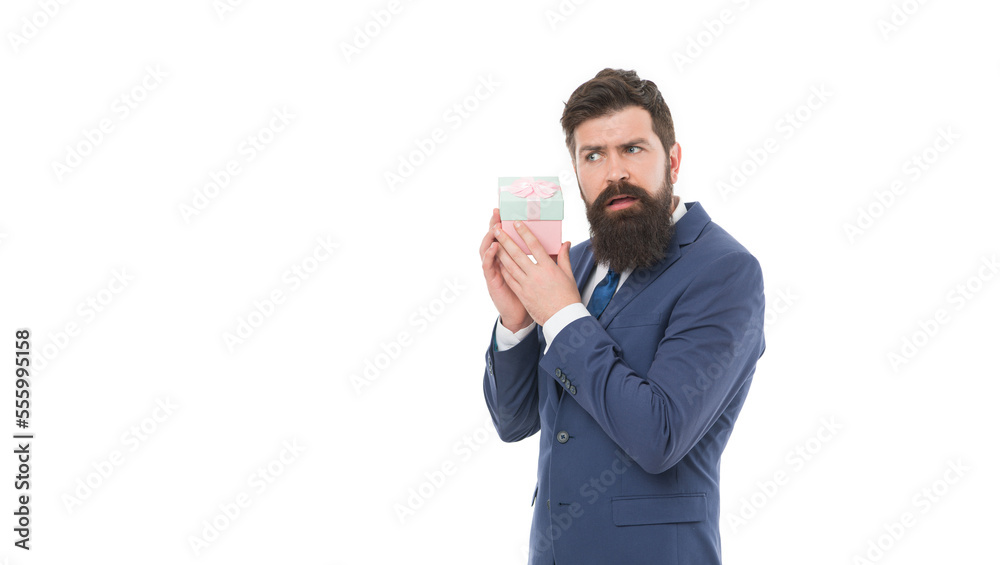 boxing day. Delivery company business. bearded man hold valentines present. businessman in formal suit on party. happy birthday shopping. success and reward. boxing day concept. what is inside boxing day. Delivery company business. bearded man hold valentines present. businessman in formal suit on party. happy birthday shopping. success and reward. boxing day concept. what is inside