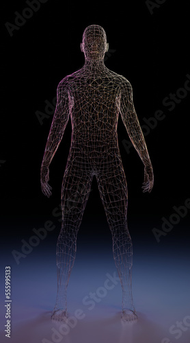 Human body of man made of wire mesh. 3d rendering of futuristic scene of research and medical science or sci-fi games and movies.