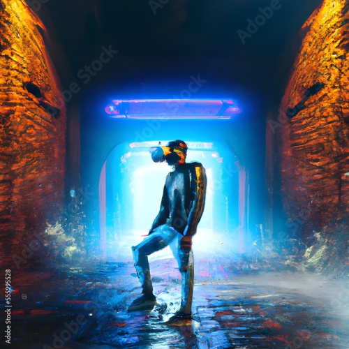 Man in VR headset in empty cyberpunk room with blue light