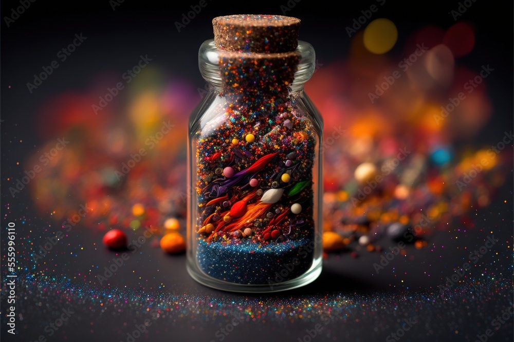 a jar filled with lots of colorful confetti on top of a table next to a pile of candy. a jar filled with lots of colorful confetti on top of a table next to a pile of candy.