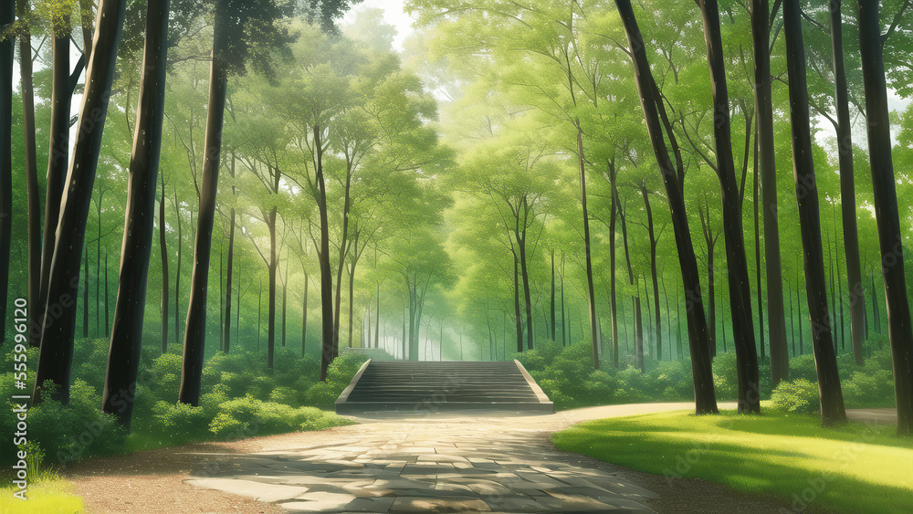 Obraz premium アニメ調の自然系背景の高解像度画像イラスト(AI generated image)