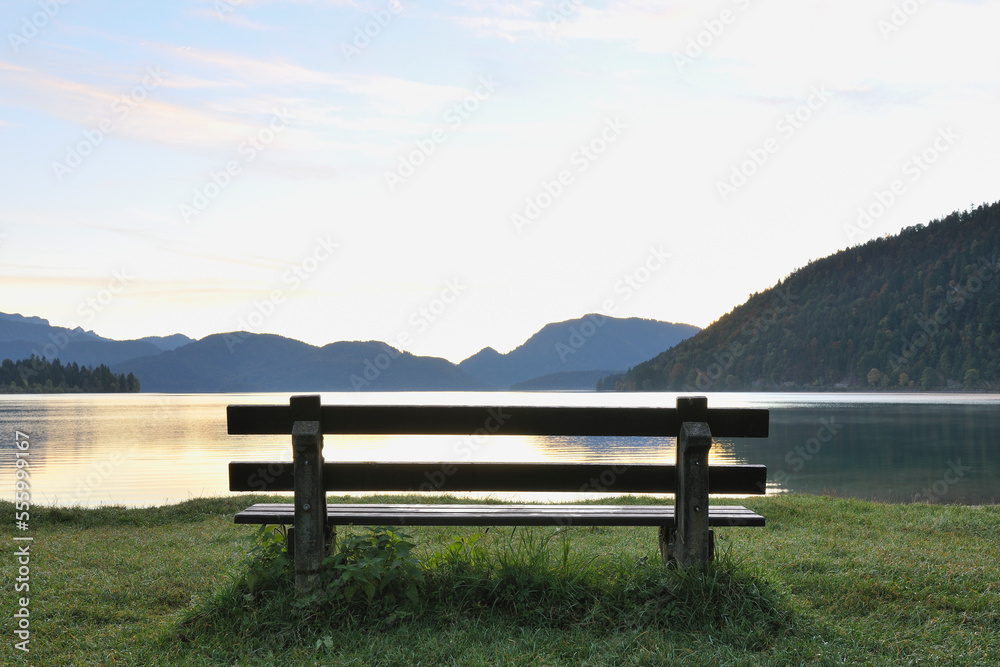 Bench by Lake, Einsiedeln, Walchensee, Bavaria, Germany Bench by Lake, Einsiedeln, Walchensee, Bavaria, Germany