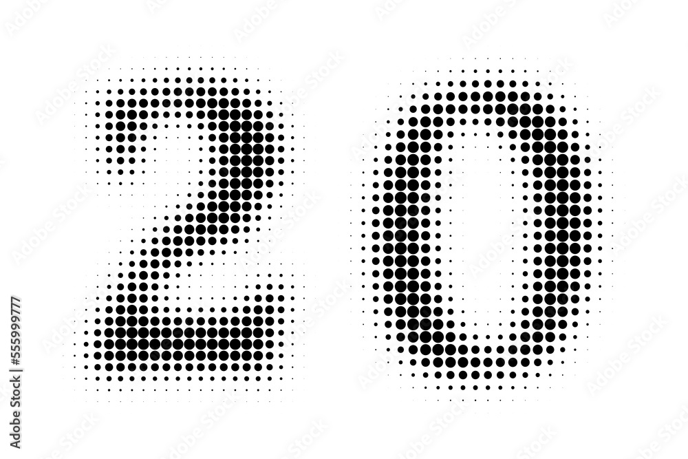 Number 20 Halftone. Pop art style. Halftone dotted backdrop. Design for web banners, wallpaper,sites vector illustration. Abstract Halftone Dotted Number.