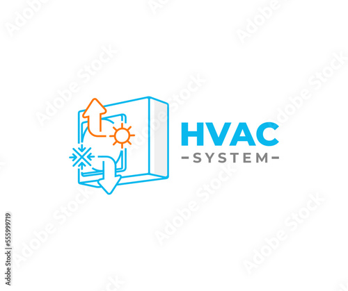 Air conditioner system logo design. Electronic controlling temperature and climate vector design. Air compressor with snowflake and sun graphic design