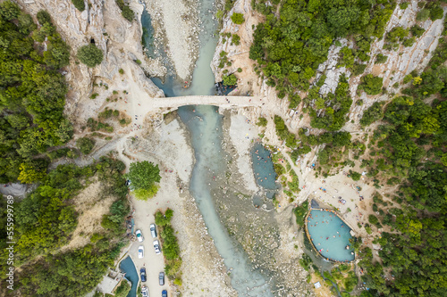 Aerial view of thermal springs in Canyon Langarica in Albania, Europe, Summer 2022