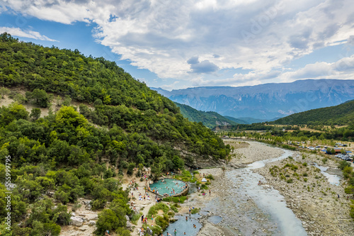 Aerial view of thermal springs in Canyon Langarica in Albania, Europe, Summer 2022