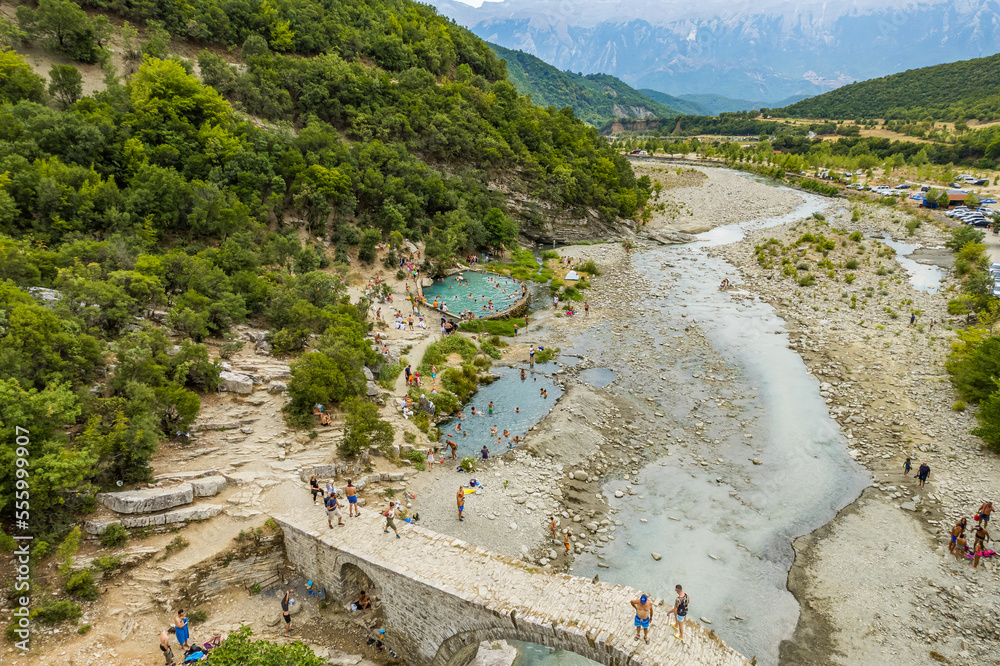 Φωτογραφία Aerial view of thermal springs in Canyon Langarica in Albania, Europe, Summer 20