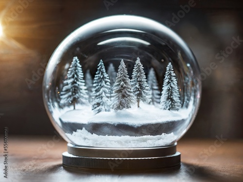 christmas snowball with trees and snow on a table, AI Generated photo