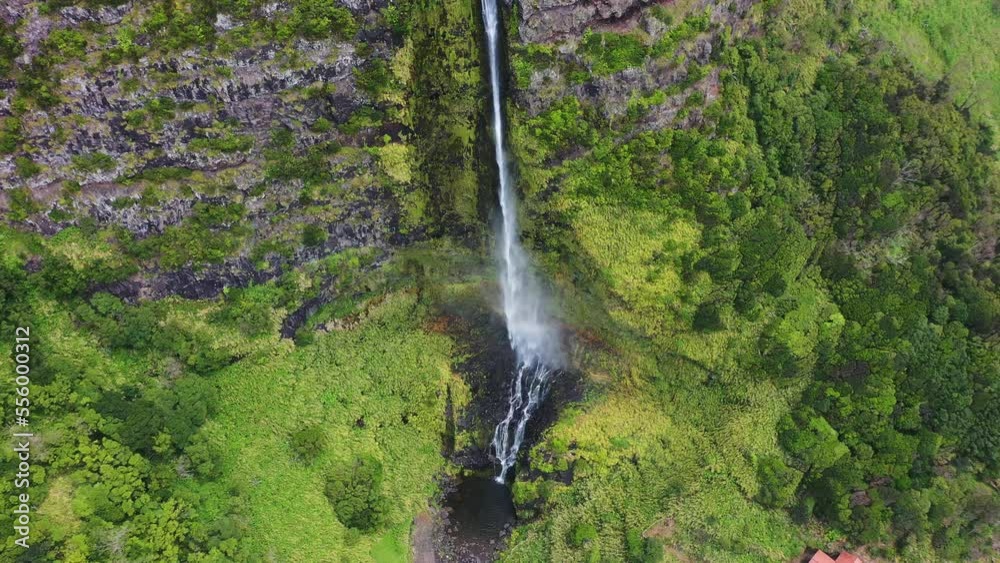 Aerial view of Cascata do Poco do Bacalhau waterfall, Faja Grande, Flores, Azores, Portugal