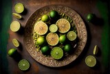 a plate of limes and limes on a table with a knife and spoon and a knife and some limes.