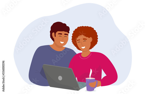 A guy and a girl are sitting in front of a laptop, working, studying, communicating online. Students at the computer. Vector graphics.