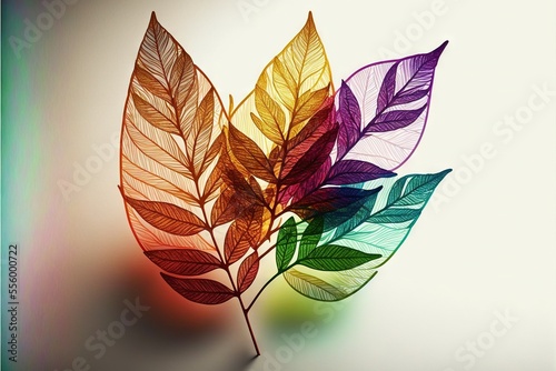 a colorful leaf is shown on a white background with a rainbow hued background behind it and a white background behind it. Generative AI photo