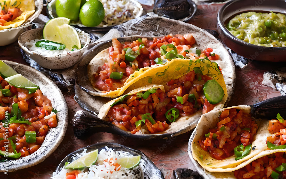 served homemade mexican nachos with guacamole on plates on a table, generative AI