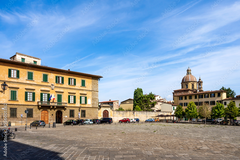 Piazza del Carmine square in San Frediano quarter, Florence, Tuscany, Italy, with the church of Cestello in the background.