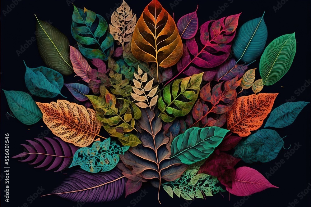 a painting of a bunch of leaves on a black background with a black background and a black background with a black border. a painting of a bunch of leaves on a black background with a black background and a black background with a black border.
