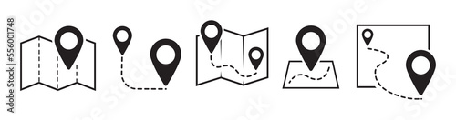 Map and location symbols set. Mapping icon collection. Geolocation map path distance. GPS cartography position. Pinpoint, map search, route, navigator. Vector icon.