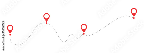 Route location icon, four pin sign and dotted line road, start and end journey symbol, black and red color vector illustration isolated on white background.