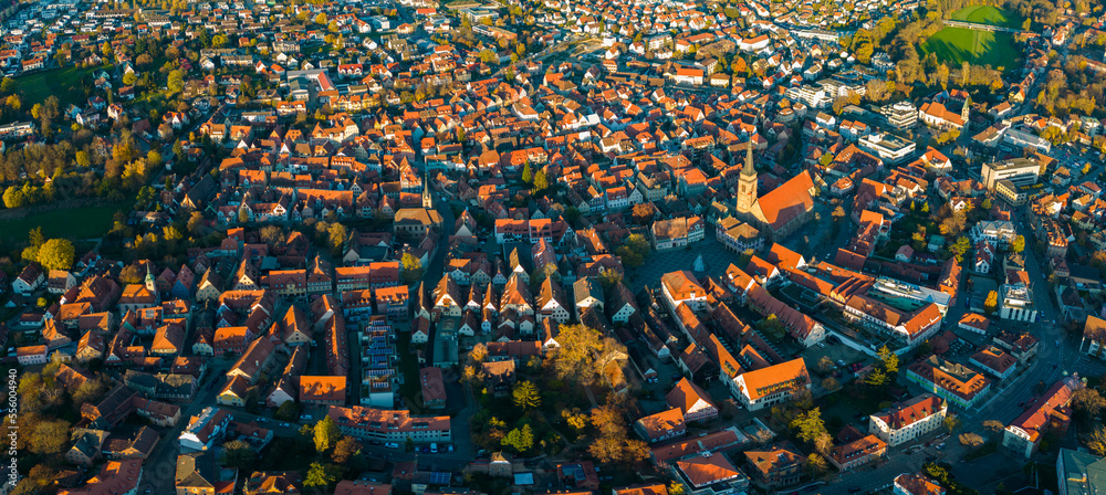 Aerial view of the city Schwabach in Germany in Bavaria on a sunny day in fall in a late afternoon. View around the old town.