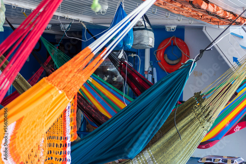 Hammocks hanged on the cruise on the Rio Amazons on the way to Belem from Manaus in Brazil photo