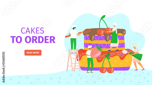 Tasty cakes to order, vector illustration. Man woman character cook sweet des...