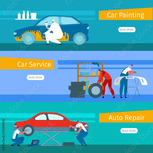 Car repair service, vector illustration. Man character work at cartoon garage, auto mechanic concept set. Automotive maintenance, automobile painting