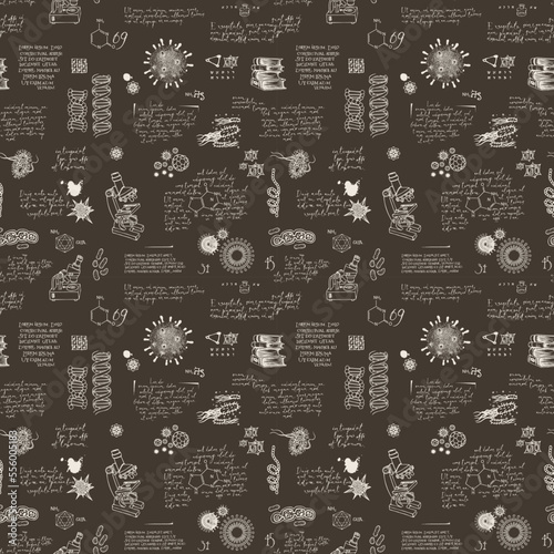 Vector seamless pattern on scientific topic in virology, chemistry, biology, medicine. Abstract background with ink drawings and handwritten lorem ipsum text. Wallpaper, wrapping paper, fabric